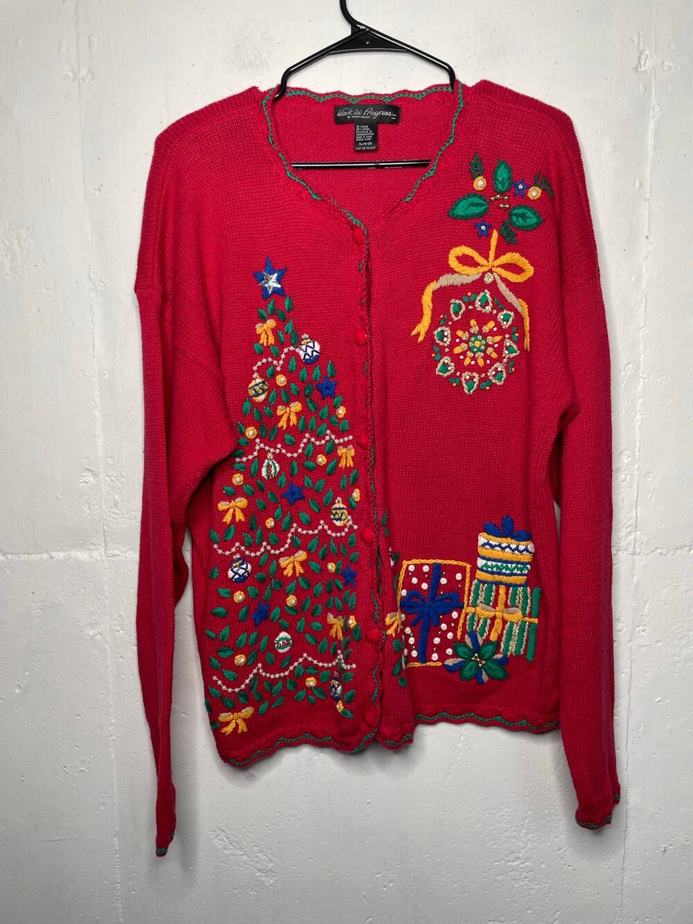 Work in Progress Red Knit Christmas Sweater Button Down Tree Size XL Womens